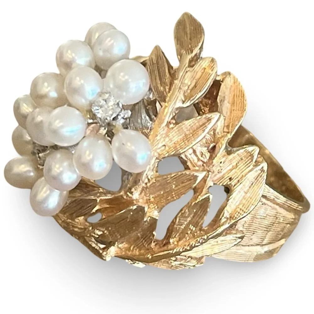 Mid-Century 14 K Solid Gold Seed Pearl Diamond Laurel Wreath Ring Size 6.5